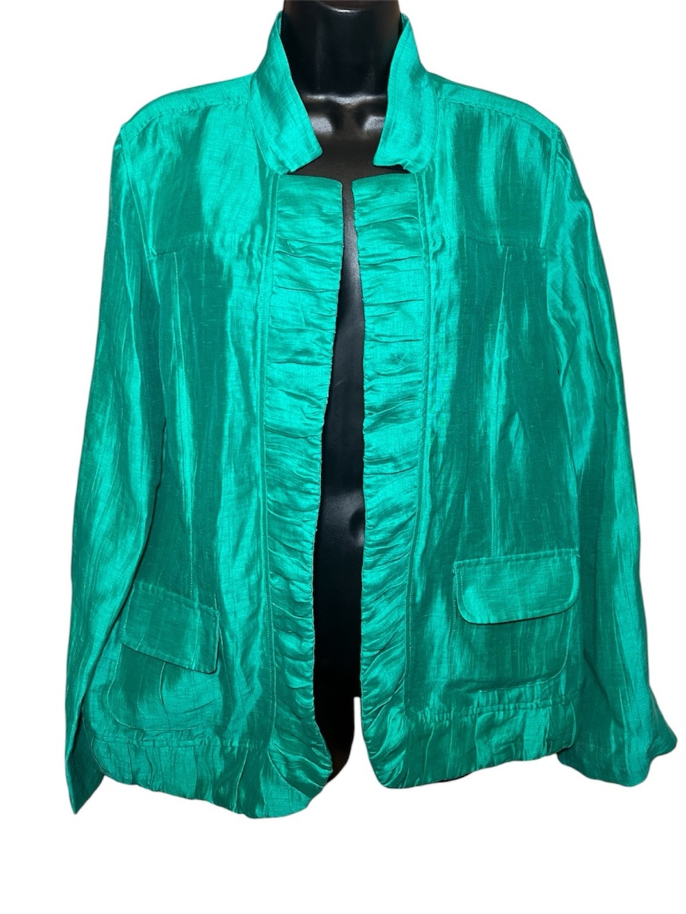 Chico's Emerald Green Linen Blend Open Front Blazer Jacket